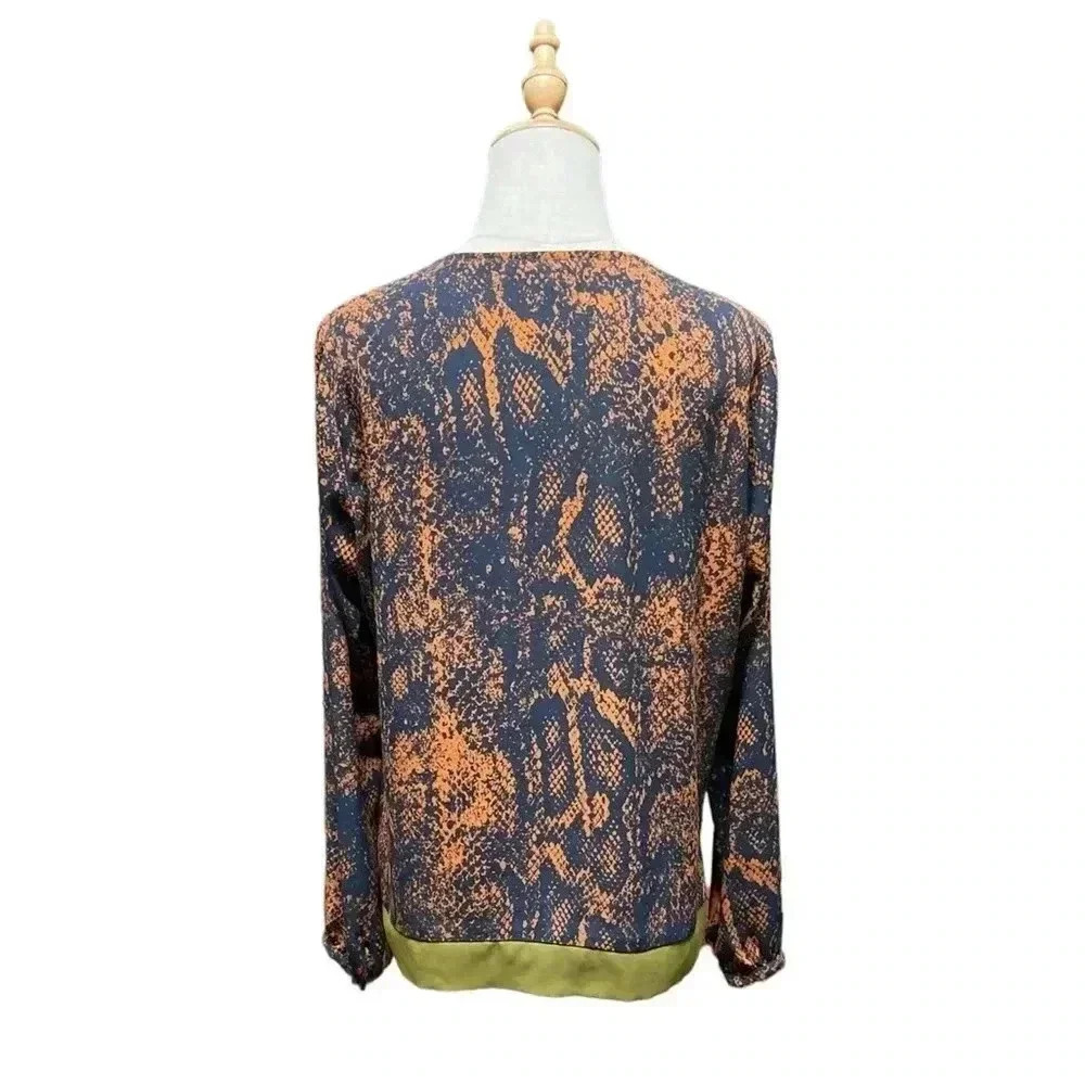 Cabi Python Print Border Wrap Blouse Navy Rust Ol… - image 3
